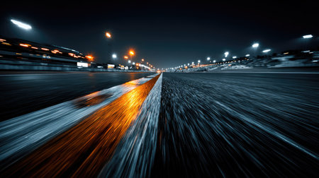This captivating nighttime image features an empty race track, showcasing dynamic motion blur and glowing lights. The asphalt radiates a sense of speed and excitement.の素材