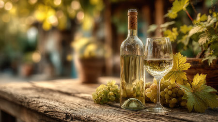 A beautiful composition featuring a bottle of white wine and a glass filled with wine, accompanied by fresh grapes on a rustic wooden table. The soft natural lighting enhances the serene outdoor atmosphere, making it perfect for a summer gathering or elegant dining experience.の素材