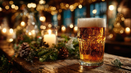 Delight in a cozy scene featuring a frothy glass of beer on a rustic wooden table, enhanced by the warm glow of candles and charming holiday decorations.の素材