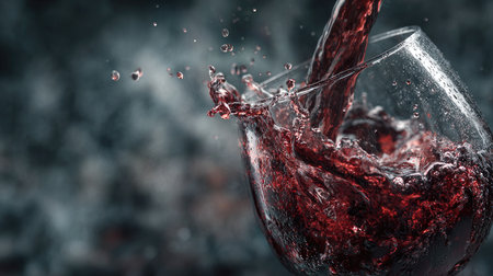This striking image captures red wine splashing in a glass against a dramatic, blurred background, showcasing the elegance and richness of the beverage.の素材