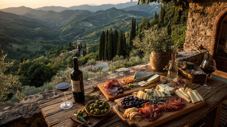 Experience the charm of the Italian countryside with a stunning sunset backdrop, featuring a gourmet charcuterie board paired with fine wine.の素材