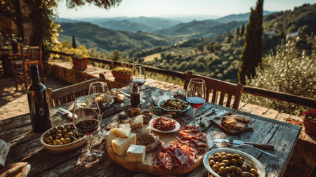 Enjoy a rustic Italian dining scene featuring a charcuterie board, wine glasses, and a breathtaking view of rolling hills and vineyards.の素材