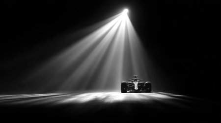 This striking black and white image showcases a race car bathed in a powerful spotlight, enhancing its sleek design against a dark backdrop, perfect for automotive themes.の素材