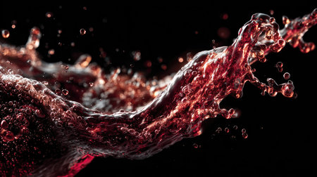 A stunning capture of red liquid splashing and creating bubbles against a stark black backdrop, showcasing motion and abstract beauty.の素材