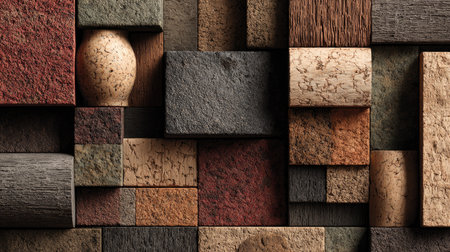 This visually striking composition showcases an array of textures and colors, featuring wooden, stone, and cork elements arranged in an artistic collage.の素材