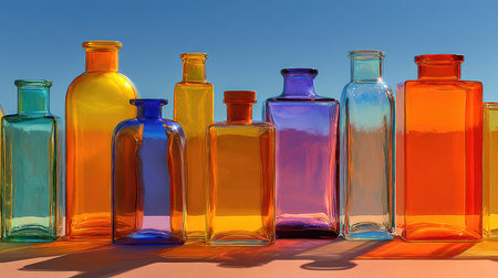 A stunning display of colorful glass bottles in various shapes is set against a bright blue sky, creating a vibrant and artistic scene. The sunlight creates unique reflections, highlighting the beauty of each bottle's design.の素材