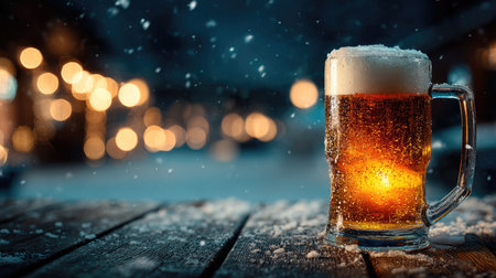 A frosty glass of beer sits on a wooden table, surrounded by falling snowflakes and blurred lights, creating a warm and cozy winter vibe.の素材
