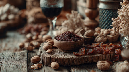 This captivating still life image showcases a rustic wooden table adorned with an array of spices, nuts, and dried fruits, accompanied by a glass of dark beverage, all presented in warm, natural lighting.の素材