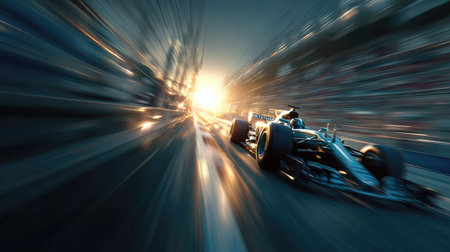 A stunning image of a high-speed race car in motion, capturing the thrill and excitement of racing on a sunlit track at dusk.の素材
