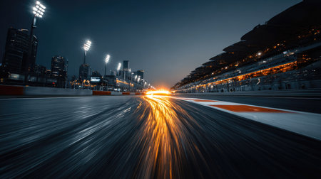 Captivating night racing scene showcasing vibrant lights and motion blur, highlighting the excitement of urban racing against a stunning skyline.の素材