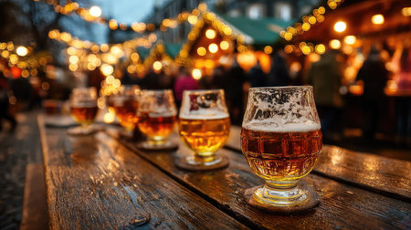 Enjoy a cozy atmosphere at a festive market as rows of amber glasses of beer glisten under warm string lights, creating a vibrant evening scene.の素材
