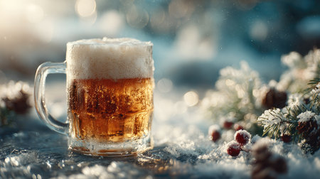 A close-up of a frosty beer mug filled with golden liquid and frothy bubbles, set against a snowy background, evoking a warm winter celebration.の素材