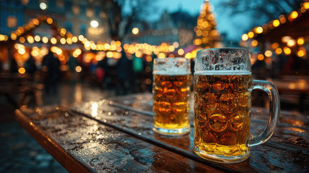 Enjoy the festive spirit with two frosted beer mugs placed on a wooden table, set against a holiday market scene adorned with sparkling lights and a Christmas tree.の素材