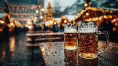 Enjoy a cozy evening at a vibrant Christmas market, featuring two cold beers on a wooden table, surrounded by warm glowing lights and festive decor.の素材