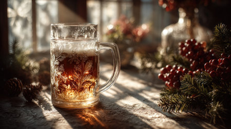 A beautifully crafted glass of dark beer with frothy foam captures the essence of winter celebrations, complemented by pine and red berry decor.の素材