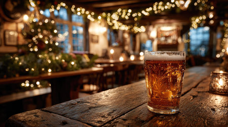 This inviting pub scene features a glass of beer resting on a rustic wooden table, surrounded by sparkling lights and a festive atmosphere. Perfect for celebrations.の素材