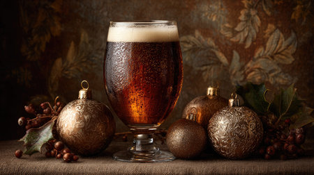 A beautifully styled still life featuring a glass of rich amber beer beside decorative Christmas ornaments and berries, creating a cozy holiday ambiance.の素材
