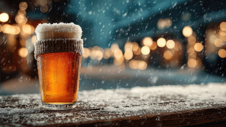 A captivating image of a frosty beer glass set on a snowy table, surrounded by shimmering holiday lights, evoking warmth and celebration during winter.の素材