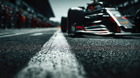 A stunning close-up image of a race car positioned on a track, showcasing intricate details, motion blur, and dynamic lighting that emphasizes speed and competition.の素材