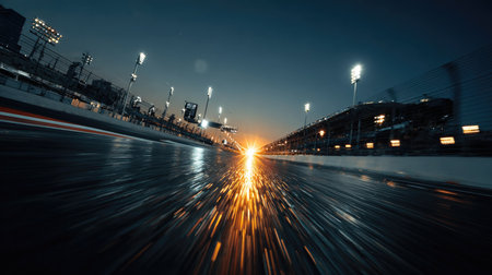 Captivating view of a racing track at sunset, showcasing vibrant lights reflecting off the wet asphalt, embodying speed and excitement in sports action.の素材