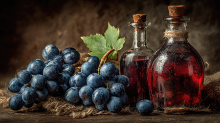 A beautifully styled composition featuring ripe grapes and bottles filled with a vibrant red liquid, set against a rustic backdrop. This still-life image captures the essence of nature's bounty and the artistry of food presentation.の素材