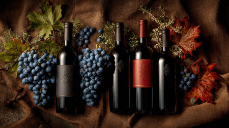 A stunning still life featuring elegant wine bottles surrounded by fresh grapes and vibrant fall leaves on a rustic fabric background. Perfect for seasonal themes.の素材