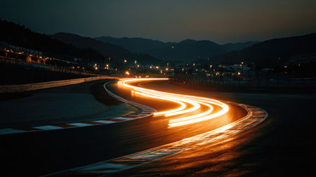 A stunning capture of a race track under the night sky showcasing bright light trails of speeding cars. The scene highlights curves of asphalt, mountains, and distant city lights, creating a dynamic atmosphere.の素材