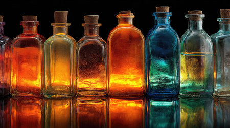 This image captures an exquisite display of colorful glass bottles with cork stoppers arranged artistically against a dark backdrop, creating stunning reflections and vibrant hues.の素材