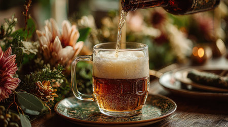 A close-up image of beer being poured into a glass, showcasing foamy texture. The warm hues complemented by floral elements create a cozy, inviting atmosphere perfect for gatherings.の素材