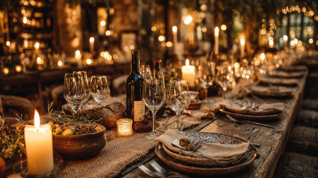This beautiful rustic dining table is adorned with candles, wine glasses, and elegant decor, creating a warm and inviting atmosphere for any occasion.の素材