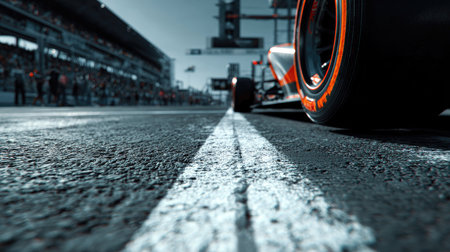 A striking close-up capture of a race car tire on the track, showcasing intricate details against spectators in the background, embodying the thrill of motorsport.の素材