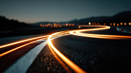 This captivating nighttime image showcases light trails from vehicles on a winding road. The smooth asphalt surface reflects the dynamic patterns of illumination, creating an enchanting ambiance perfect for conveying themes of speed, journey, and urban exploration.の素材
