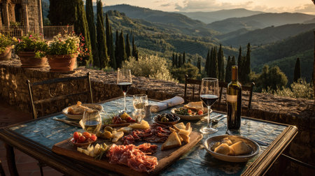Enjoy a delightful outdoor dining scene featuring a charcuterie spread, fine wine, and stunning mountain views during sunset in the Italian countryside.の素材