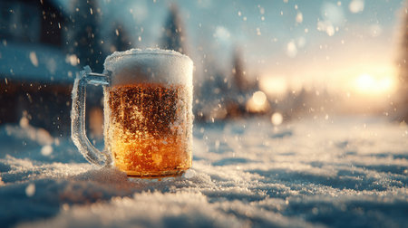 A frosty glass of beer sits atop a snow-covered ground as sparkling snowflakes fall softly against a stunning winter sunset backdrop.の素材