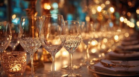 Capture the essence of luxury dining with an elegant table setting featuring crystal glasses and soft warm lighting, perfect for any special occasion.の素材
