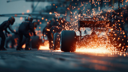 A vivid depiction of a Formula 1 pit stop, showcasing tire changing with spectacular sparks flying, capturing the energy and teamwork of racing dynamics.の素材