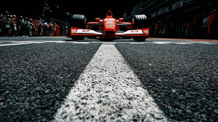 A striking perspective of a racing car poised on the track, surrounded by a captivated crowd, highlighting the excitement and speed of a motorsport event.の素材