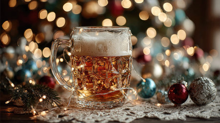 A beautifully crafted beer mug sits amidst festive holiday decorations, sparkling lights, and colorful ornaments, creating a warm and joyful atmosphere perfect for celebrations.の素材