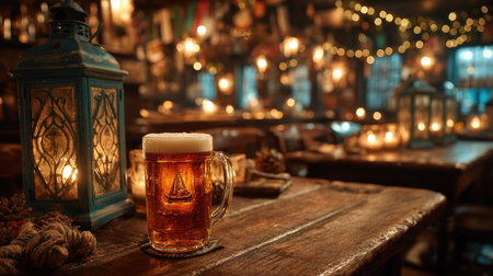 A charming bar scene featuring a pint of amber beer on a wooden table, surrounded by glowing lanterns, creating a cozy and inviting atmosphere for social gatherings.の素材