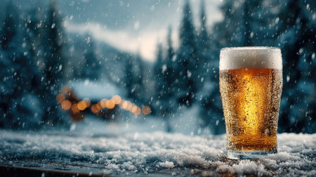 A frosty glass of beer rests on a snowy table, surrounded by falling snowflakes and soft cabin lights creating a warm ambiance, perfect for winter relaxation.の素材