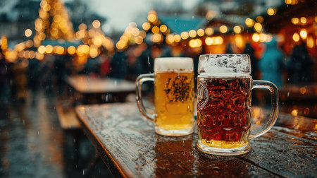 Two mugs of beer sit on a wooden table, glistening with condensation. The background features a vibrant Christmas market filled with festive lights and cheerful people.の素材