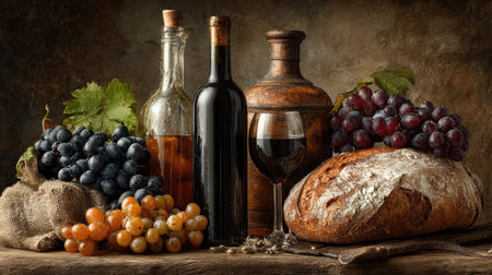 A rustic still life featuring an assortment of bread, wine, and fresh grapes. The arrangement showcases deep colors and natural textures, evoking warmth and tradition.の素材