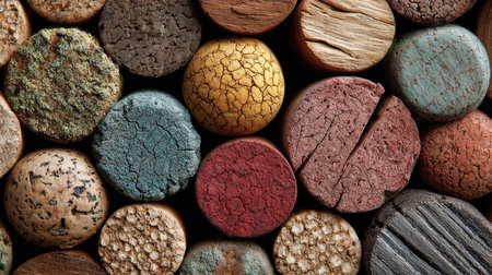 This image features an artistic arrangement of colorful wooden discs showcasing unique textures and patterns, creating a captivating visual display of nature's artistry.の素材