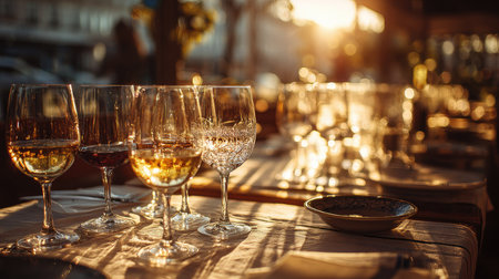 A beautifully arranged outdoor dining scene featuring a selection of elegant wine glasses illuminated by the warm glow of a sunset, creating a cozy and inviting atmosphere.の素材