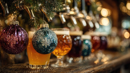 Enjoy a festive atmosphere featuring a variety of holiday beverages displayed alongside beautiful ornaments, creating a cozy and inviting setting for enjoyment.の素材