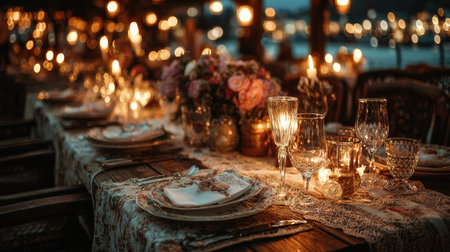A beautifully arranged outdoor dining setting featuring an array of candles, elegant tableware, and floral decorations, creating a romantic atmosphere.の素材