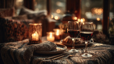 A beautifully arranged romantic dining setup featuring two glasses of red wine surrounded by candlelight and a cozy atmosphere, perfect for special occasions.の素材
