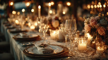 Beautifully arranged dinner table featuring candles, floral centerpieces, and elegant tableware, creating a romantic atmosphere for gatherings and celebrations.の素材