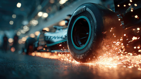 This captivating image captures a close-up view of a race car tire emitting sparks as it speeds through a pit stop at night. The vibrant setting highlights the dynamic atmosphere of professional racing, showcasing the thrill of competition and the precision required for quick repairs and refueling.の素材