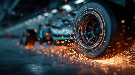 A striking close-up image of a racing car tire generating vibrant sparks on the track, capturing the excitement and intensity of motorsport dynamics.の素材